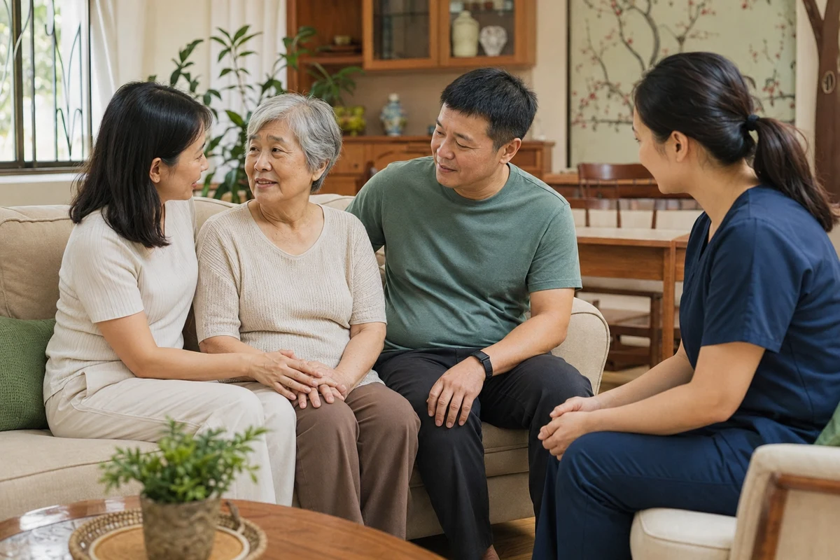 Illustrative scene of an older Chinese woman enjoying a reassuring visit with her adult children and a caregiver in navy scrubs
