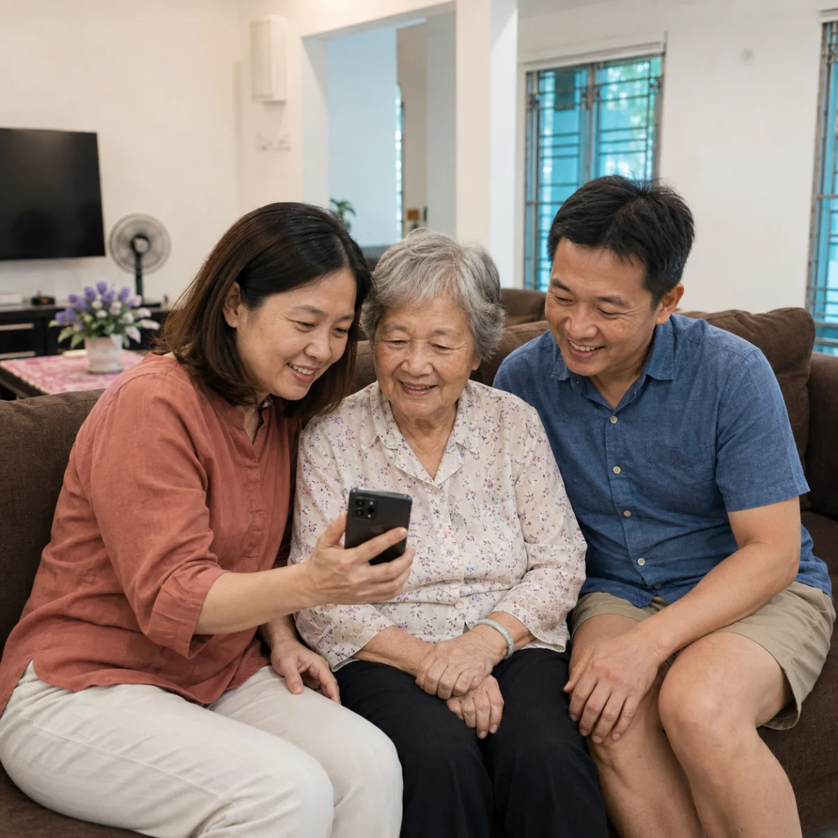 Illustrative scene of an older Chinese resident enjoying a relaxed family visit in a sitting room