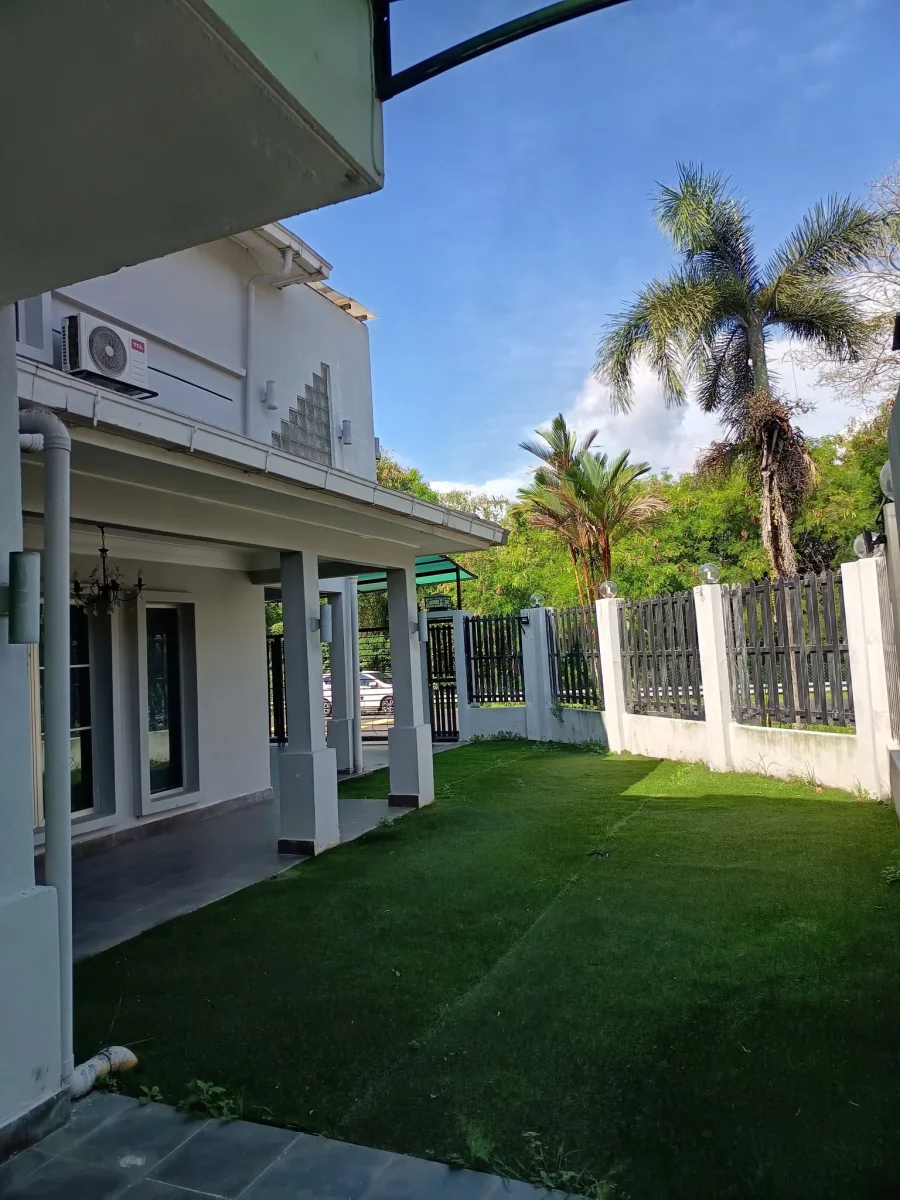 Side garden beside Paradise Lodge with palms beyond the boundary fence