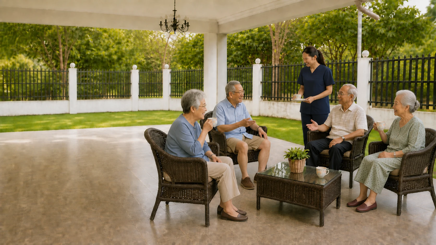Illustrative scene of four Chinese seniors enjoying tea on a garden veranda with a caregiver in navy scrubs