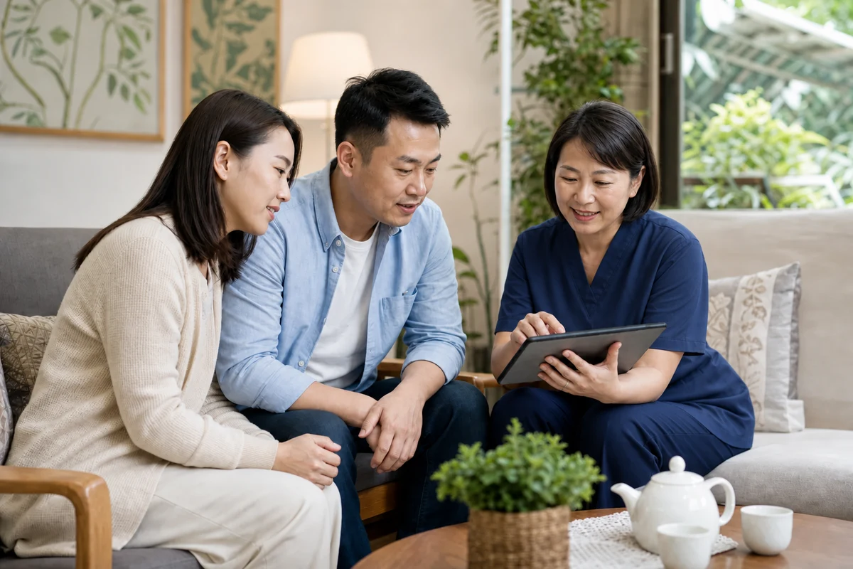 Chinese care coordinator sharing a progress update with two adult family members