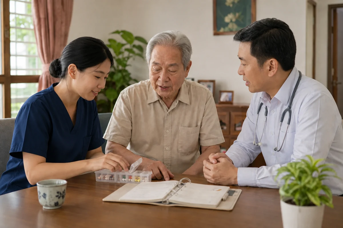 Chinese nurse and doctor reviewing an older Chinese man’s organised medication plan