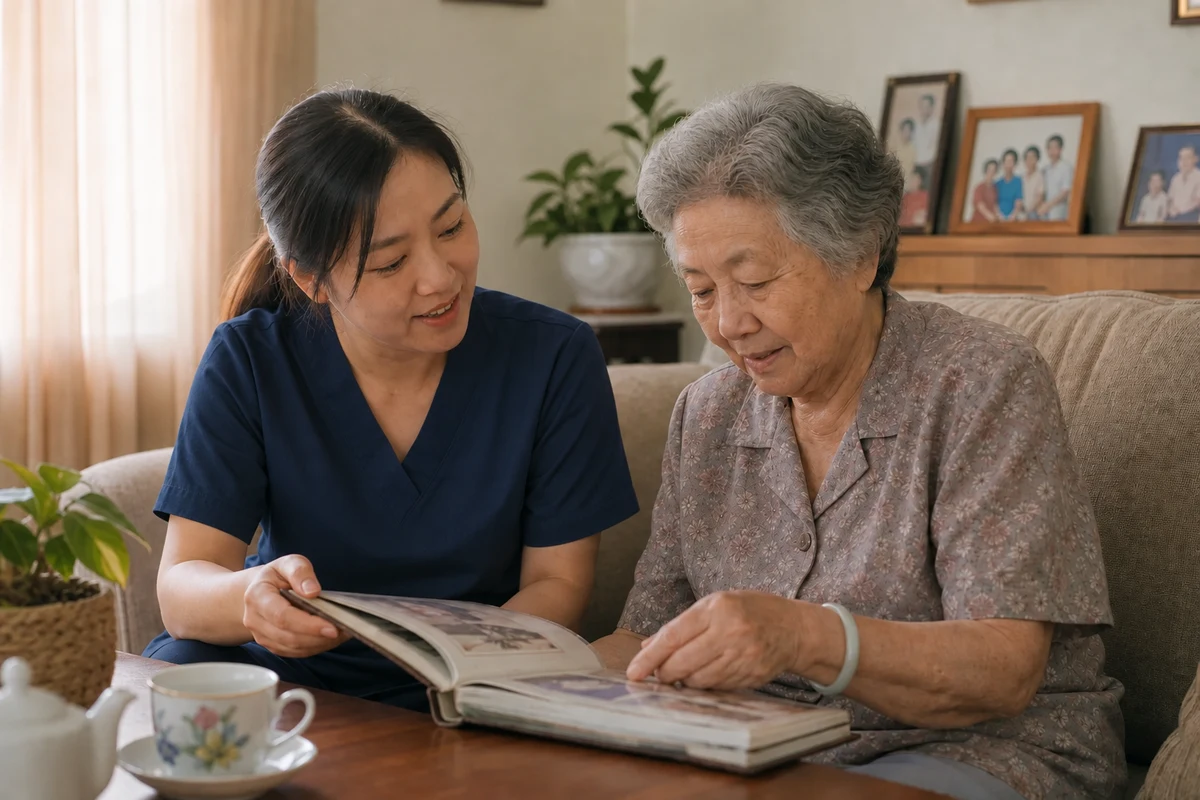 Chinese caregiver and older Chinese woman sharing a family photo album together