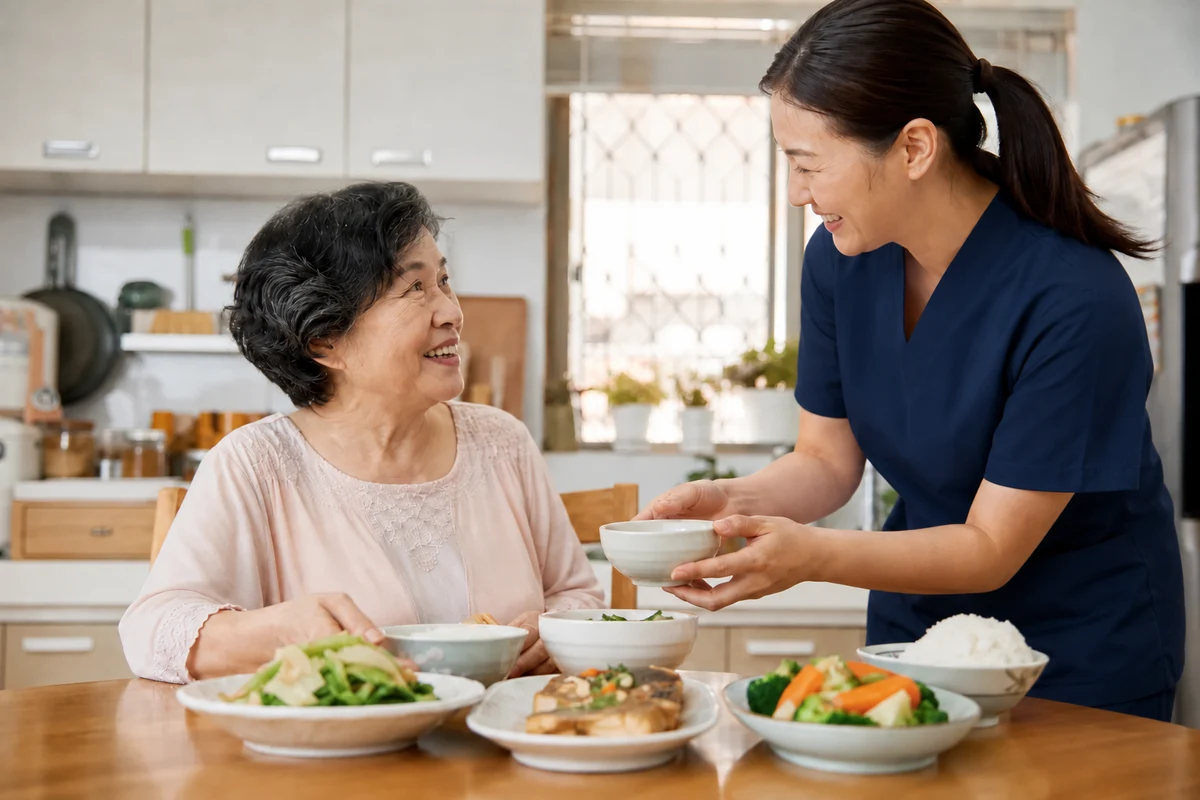 Chinese caregiver serving a balanced home-cooked meal to an older Chinese woman