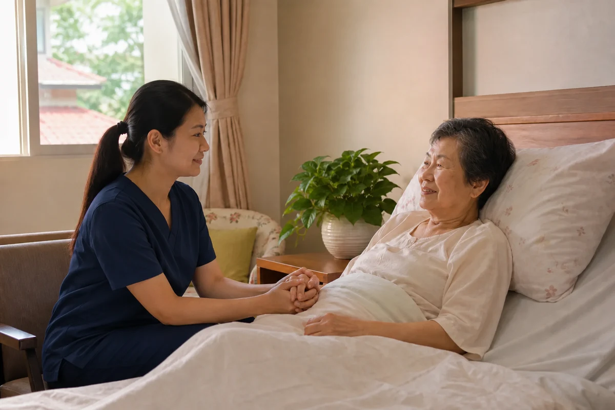 Chinese caregiver holding the hand of an older Chinese woman resting comfortably in bed