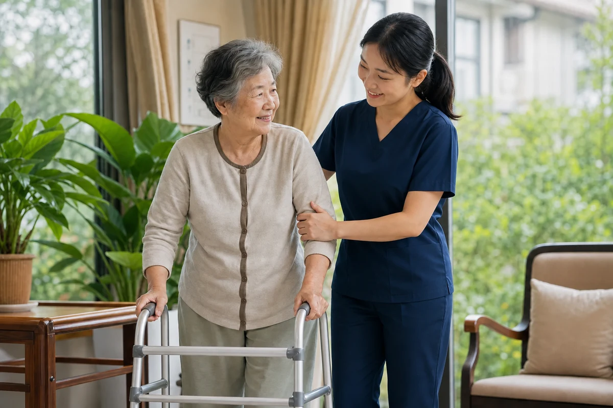 Chinese physiotherapist supporting an older Chinese woman as she practises walking with a frame