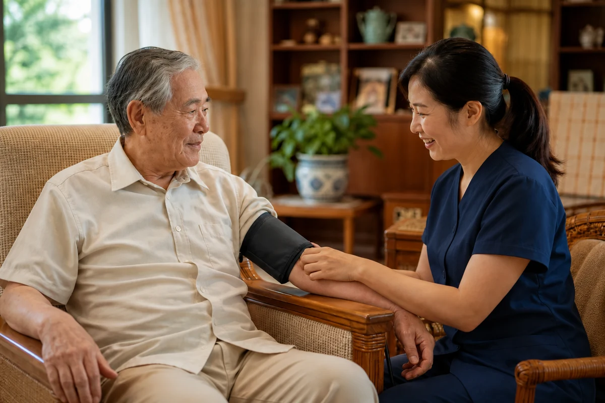 Chinese caregiver checking an older Chinese resident’s blood pressure in a comfortable living room