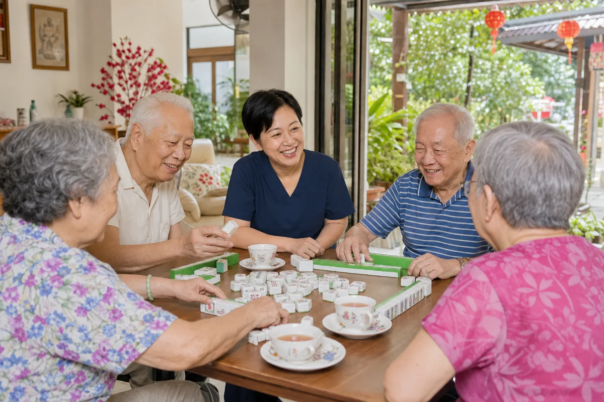 Older Chinese residents enjoying a tile game and tea with a Chinese caregiver
